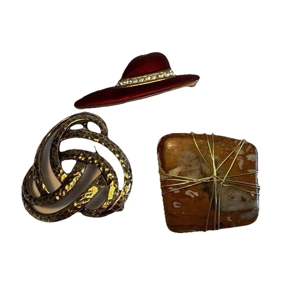 3 Brooches, Red Hat Society Pin Rhinestones. Double Strand Knot Pin. Jasper Wire